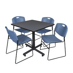 42 in. Square X-Base Breakroom Table- Grey, 4 Zeng Stack Chairs- Blue