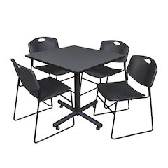 42 in. Square X-Base Breakroom Table- Grey, 4 Zeng Stack Chairs- Black