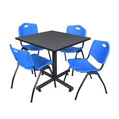 42 in. Square X-Base Breakroom Table- Grey, 4 M Stack Chairs- Blue