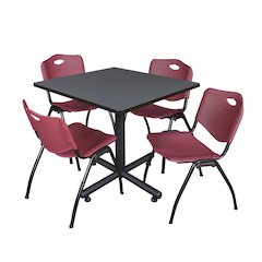 42 in. Square X-Base Breakroom Table- Grey, 4 M Stack Chairs- Burgundy