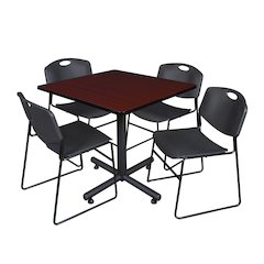 42 in. Square X-Base Breakroom Table- Mahogany, 4 Zeng Stack Chairs- Black