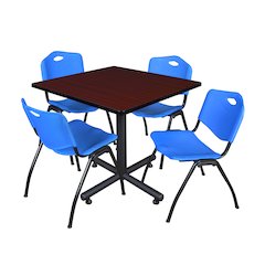 42 in. Square X-Base Breakroom Table- Mahogany, 4 M Stack Chairs- Blue