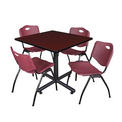42 in. Square X-Base Breakroom Table- Mahogany, 4 M Stack Chairs- Burgundy