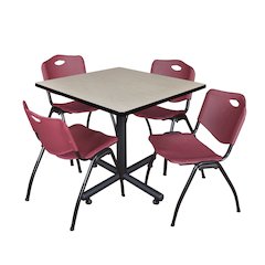 42 in. Square X-Base Breakroom Table- Maple, 4 M Stack Chairs- Burgundy