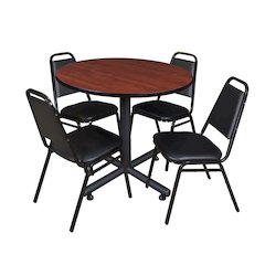 42 in. Round X-Base Breakroom Table- Cherry, 4 Restaurant Stack Chairs- Black
