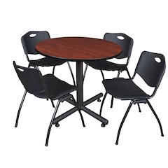 42 in. Round X-Base Breakroom Table- Cherry, 4 M Stack Chairs- Black