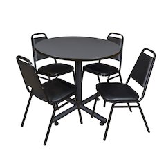 42 in. Round X-Base Breakroom Table- Grey, 4 Restaurant Stack Chairs- Black