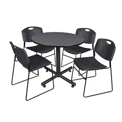 42 in. Round X-Base Breakroom Table- Grey, 4 Zeng Stack Chairs- Black