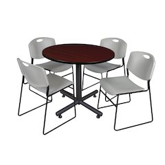 42 in. Round X-Base Breakroom Table- Mahogany, 4 Zeng Stack Chairs- Grey