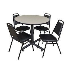 42 in. Round X-Base Breakroom Table- Maple, 4 Restaurant Stack Chairs- Black
