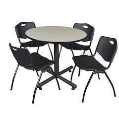 42 in. Round X-Base Breakroom Table- Maple, 4 M Stack Chairs- Black