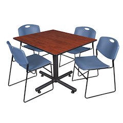48 in. Square X-Base Breakroom Table- Cherry, 4 Zeng Stack Chairs- Blue