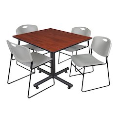 48 in. Square X-Base Breakroom Table- Cherry, 4 Zeng Stack Chairs- Grey