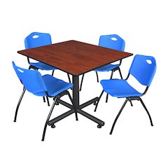 48 in. Square X-Base Breakroom Table- Cherry, 4 M Stack Chairs- Blue
