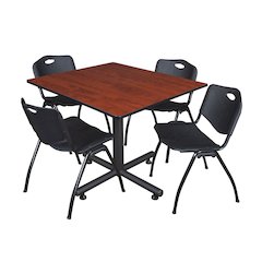 48 in. Square X-Base Breakroom Table- Cherry, 4 M Stack Chairs- Black