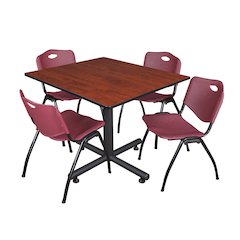 48 in. Square X-Base Breakroom Table- Cherry, 4 M Stack Chairs- Burgundy