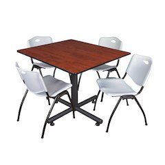 48 in. Square X-Base Breakroom Table- Cherry, 4 M Stack Chairs- Grey
