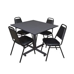 48 in. Square X-Base Breakroom Table- Grey, 4 Restaurant Stack Chairs- Black