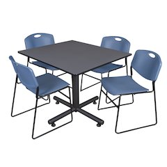 48 in. Square X-Base Breakroom Table- Grey, 4 Zeng Stack Chairs- Blue