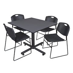 48 in. Square X-Base Breakroom Table- Grey, 4 Zeng Stack Chairs- Black
