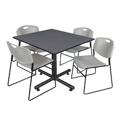 48 in. Square X-Base Breakroom Table- Grey, 4 Zeng Stack Chairs- Grey