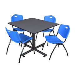 48 in. Square X-Base Breakroom Table- Grey, 4 M Stack Chairs- Blue