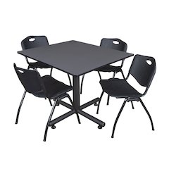 48 in. Square X-Base Breakroom Table- Grey, 4 M Stack Chairs- Black