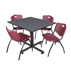48 in. Square X-Base Breakroom Table- Grey, 4 M Stack Chairs- Burgundy