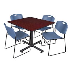48 in. Square Breakroom Table- Mahogany, 4 Zeng Stack Chairs- Blue