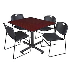 48 in. Square Breakroom Table- Mahogany, 4 Zeng Stack Chairs- Black