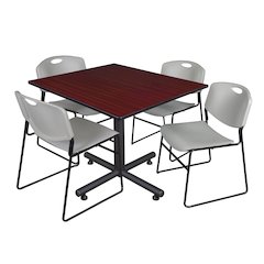 48 in. Square Breakroom Table- Mahogany, 4 Zeng Stack Chairs- Grey