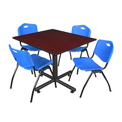 48 in. Square Breakroom Table- Mahogany, 4 M Stack Chairs- Blue