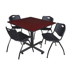 48 in. Square Breakroom Table- Mahogany, 4 M Stack Chairs- Black