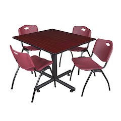48 in. Square Breakroom Table- Mahogany, 4 M Stack Chairs- Burgundy