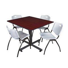 48 in. Square Breakroom Table- Mahogany, 4 M Stack Chairs- Grey