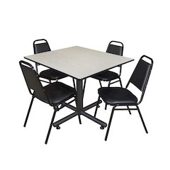 48 in. Square Breakroom Table- Maple, 4 Restaurant Stack Chairs- Black