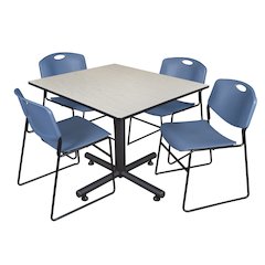 48 in. Square Breakroom Table- Maple, 4 Zeng Stack Chairs- Blue