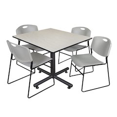 48 in. Square Breakroom Table- Maple, 4 Zeng Stack Chairs- Grey