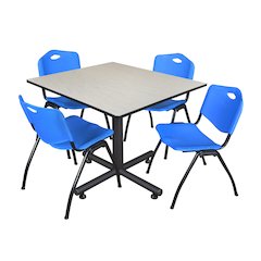 48 in. Square Breakroom Table- Maple, 4 M Stack Chairs- Blue