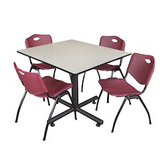 48 in. Square Breakroom Table- Maple, 4 M Stack Chairs- Burgundy