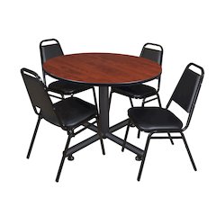 48 in. Round Breakroom Table- Cherry, 4 Restaurant Stack Chairs- Black
