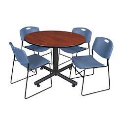48 in. Round Breakroom Table- Cherry, 4 Zeng Stack Chairs- Blue