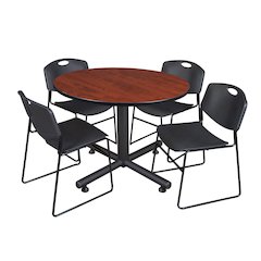 48 in. Round Breakroom Table- Cherry, 4 Zeng Stack Chairs- Black