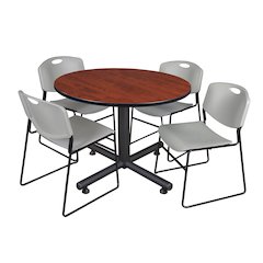 48 in. Round Breakroom Table- Cherry, 4 Zeng Stack Chairs- Grey