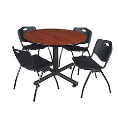 48 in. Round Breakroom Table- Cherry, 4 M Stack Chairs- Black