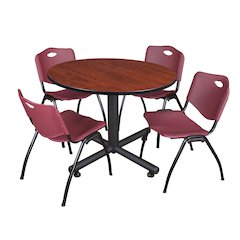 48 in. Round Breakroom Table- Cherry, 4 M Stack Chairs- Burgundy