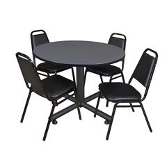 Kobe 48" Round Breakroom Table- Grey & 4 Restaurant Stack Chairs- Black