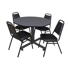 48 in. Round Breakroom Table- Grey, 4 Restaurant Stack Chairs- Black