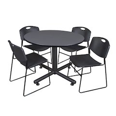 48 in. Round Breakroom Table- Grey, 4 Zeng Stack Chairs- Black