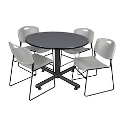 48 in. Round Breakroom Table- Grey, 4 Zeng Stack Chairs- Grey